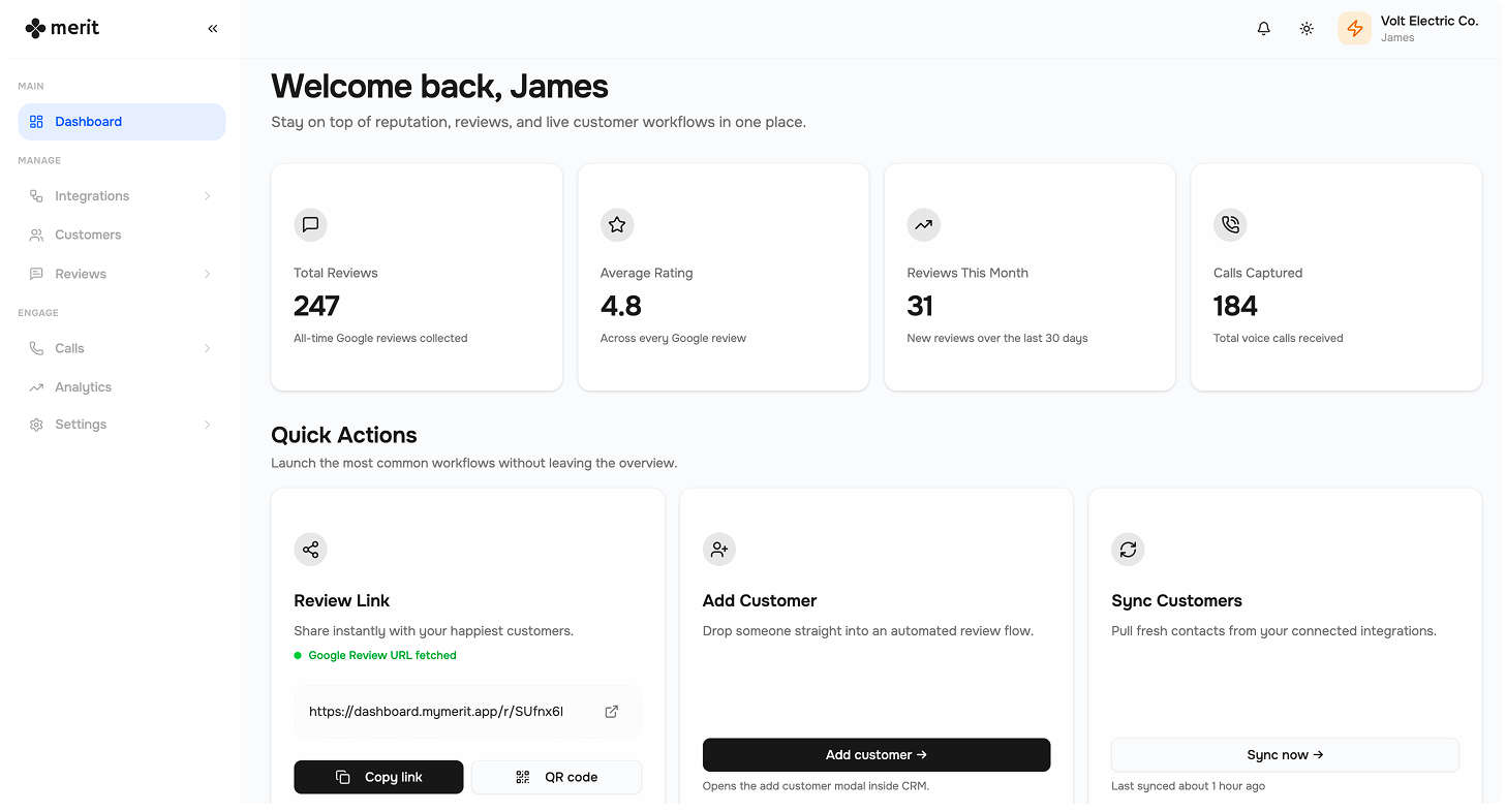 Merit dashboard overview showing reviews, analytics, and quick actions